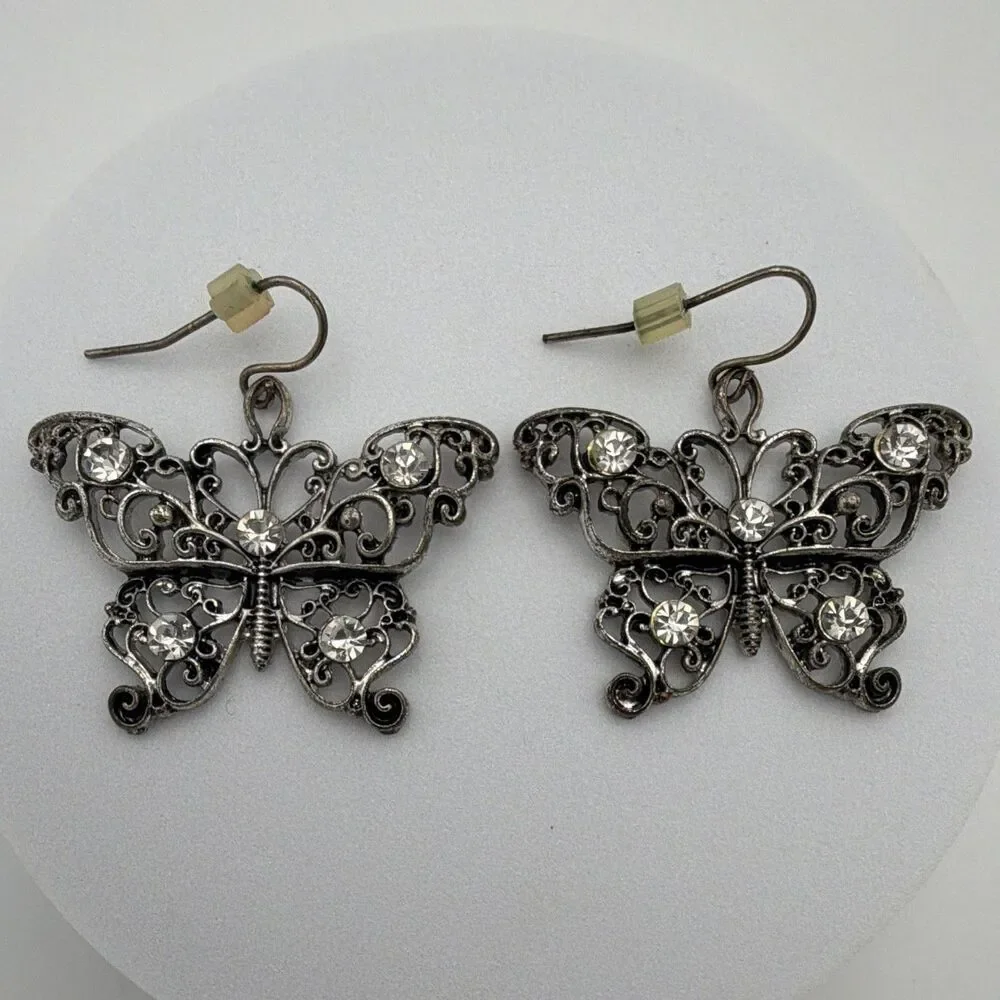 Silver Tone Butterfly Clear Rhinestone Dangle Drop Earrings Hook